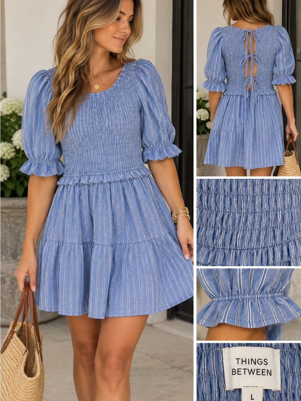 Things Between Blue Striped Smocked Puff Sleeve Mini Dress Size L